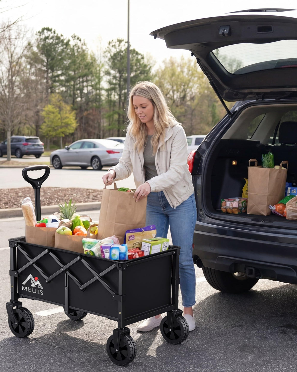 MEUIS Collapsible Wagon Cart with Wheels - 250LBS Heavy Duty Folding Wagon for Groceries Shopping Outdoor Apartment Portable Foldable Utility Grocery Trolley, Black, L