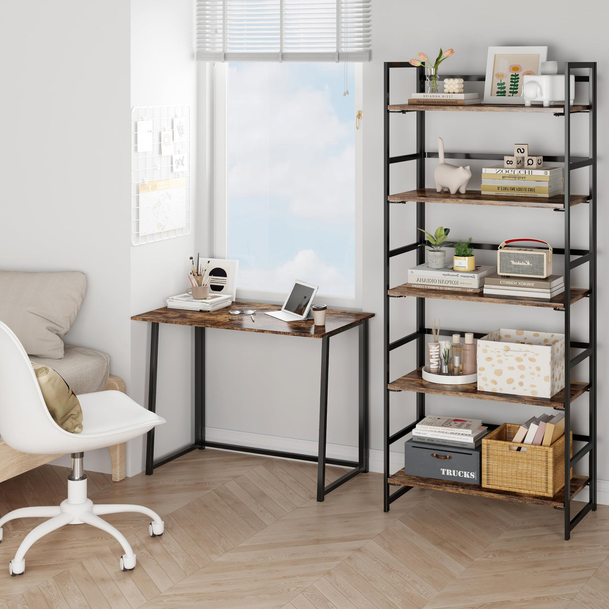 BHG Vintage Multifunctional Folding Bookshelf, No-Assembly Plant Stand Storage Rack Shelves for Home Office (Fire, 5-Tier)