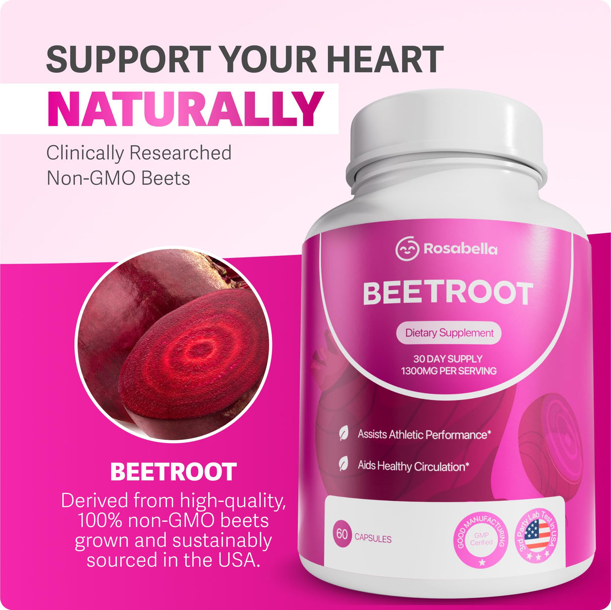 Rosabella Organic Beet Root Capsules – 1300mg Beetroot Powder for Natural Energy & Endurance Support, Non-GMO, Lab-Tested Beet Supplement - 180 Capsules, 90-Day Supply
