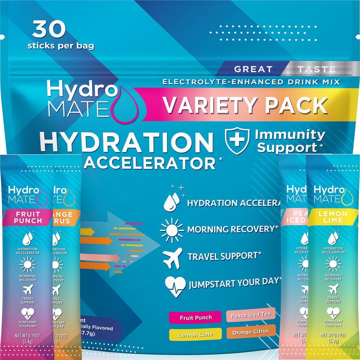 HydroMATE Electrolytes Powder Drink Mix Packets Hydration Accelerator Low Sugar Rapid Party Recovery Plus Vitamin C Variety Pack 30 Count
