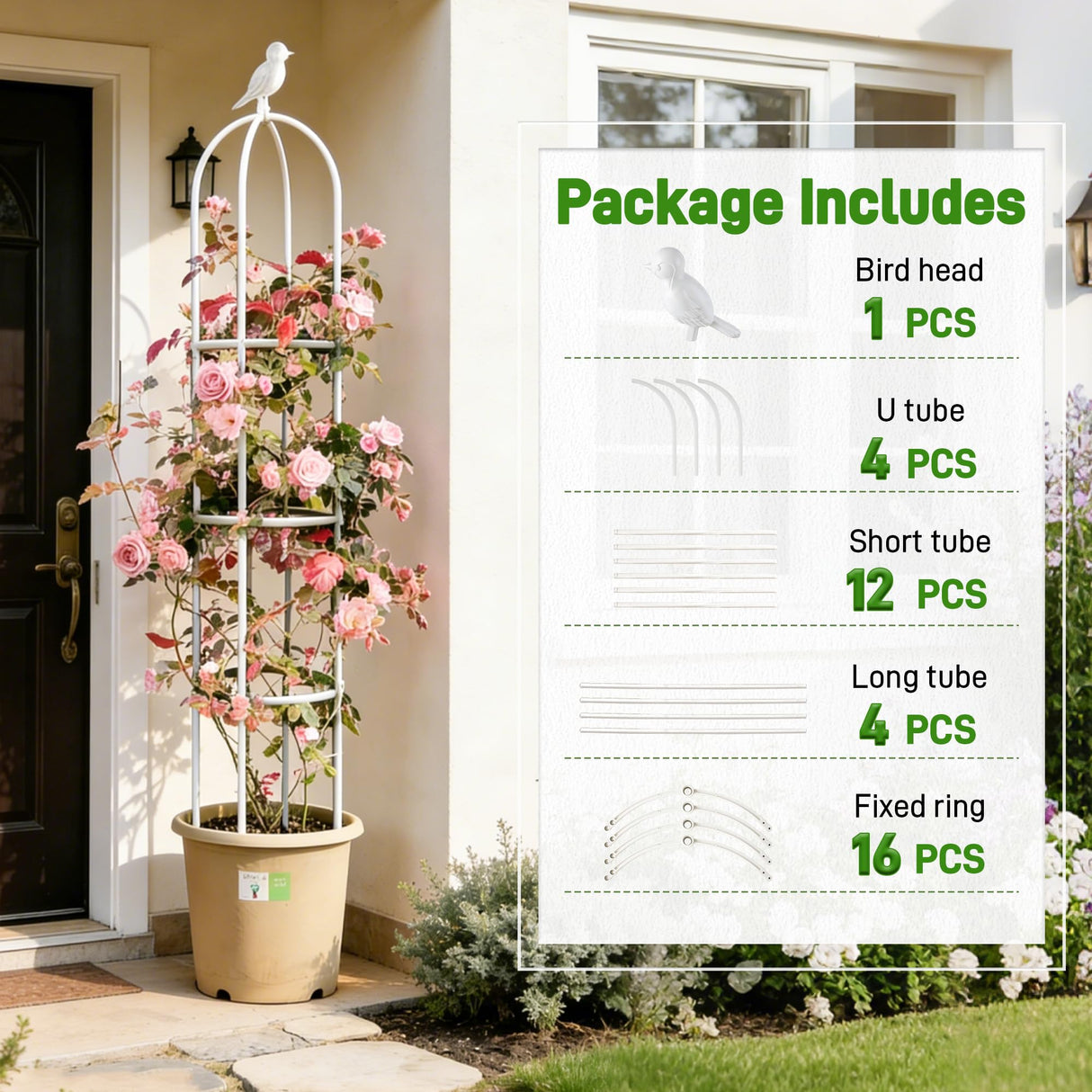 6ft Garden Obelisk Trellis for Climbing Plants-Rustproof Metal Pipe with Heavy Duty Plastic Coated, Garden Outdoor Indoor Potted Plant Support for Clematis Vine Jasmine Support (White)
