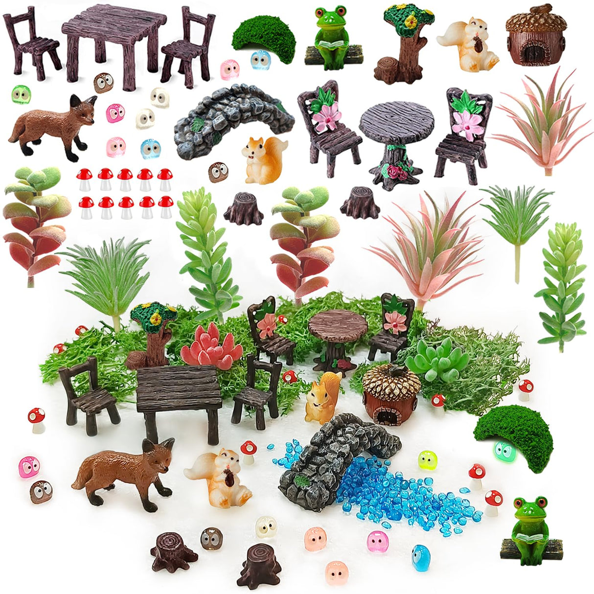 QuarenDen 44 Pcs Fairy Garden Accessories, Miniature Table and Chairs Set, Miniature Figurines Mini Resin Animals House Bridge for Micro Landscape Potted Plant Terrarium Decor DIY Craft Gift