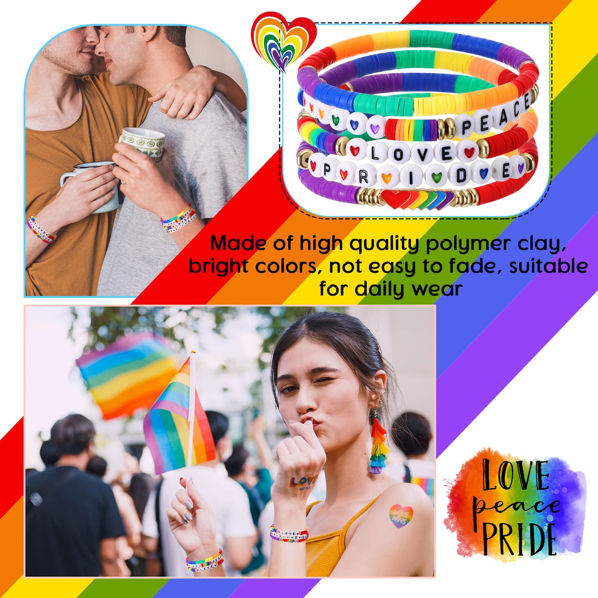 Tondiamo 30 Pcs Rainbow Gay Pride Bracelets LGBT Support Wristbands for Pride Day Month Parades Decorations Party Supplies Christmas Gifts(Peace)