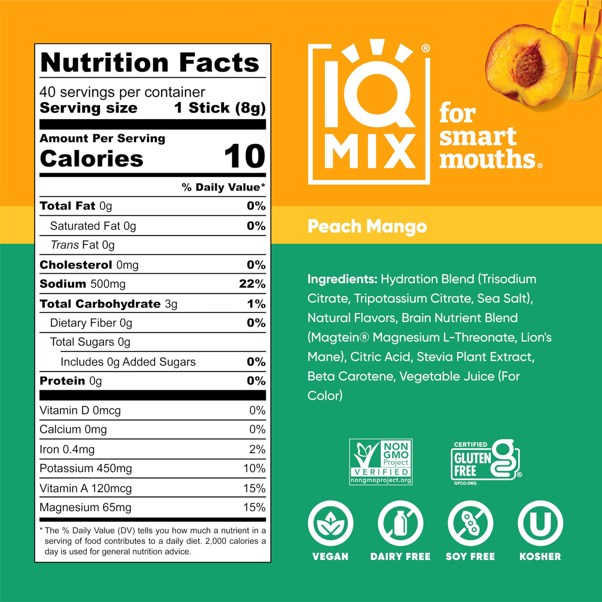 IQMIX Hydration Electrolyte Powder – 4-in-1 Formula for Hydration, Mental Clarity, Mood and Recovery – Sugar-Free Drink Mix, Keto, Magnesium L-Threonate, Lion’s Mane – 40 Count Peach Mango