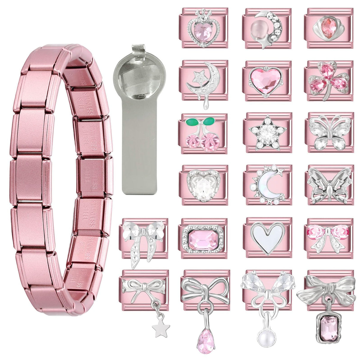 Italian Charms Bracelet Pink 22Pcs Glitter Charm Set Jewelry Gifts