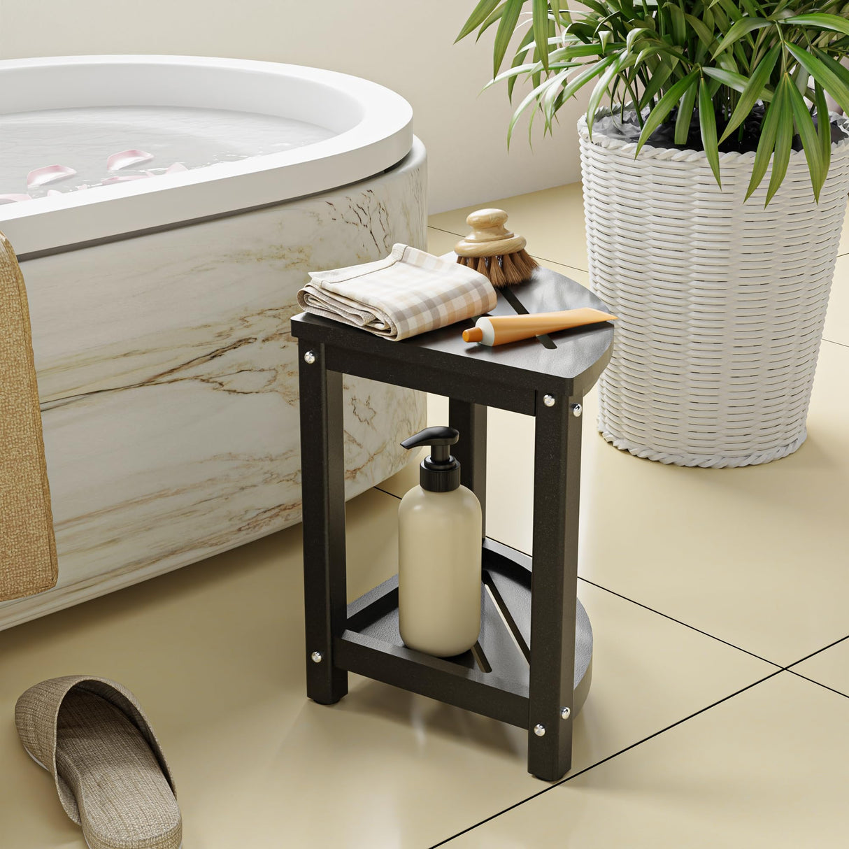 ONSGLM Shower Stool - Corner Bench Seat with HDPE Waterproof Shaving Legs, Baffle Storage Shelf, Indoor/Outdoor Use, Black