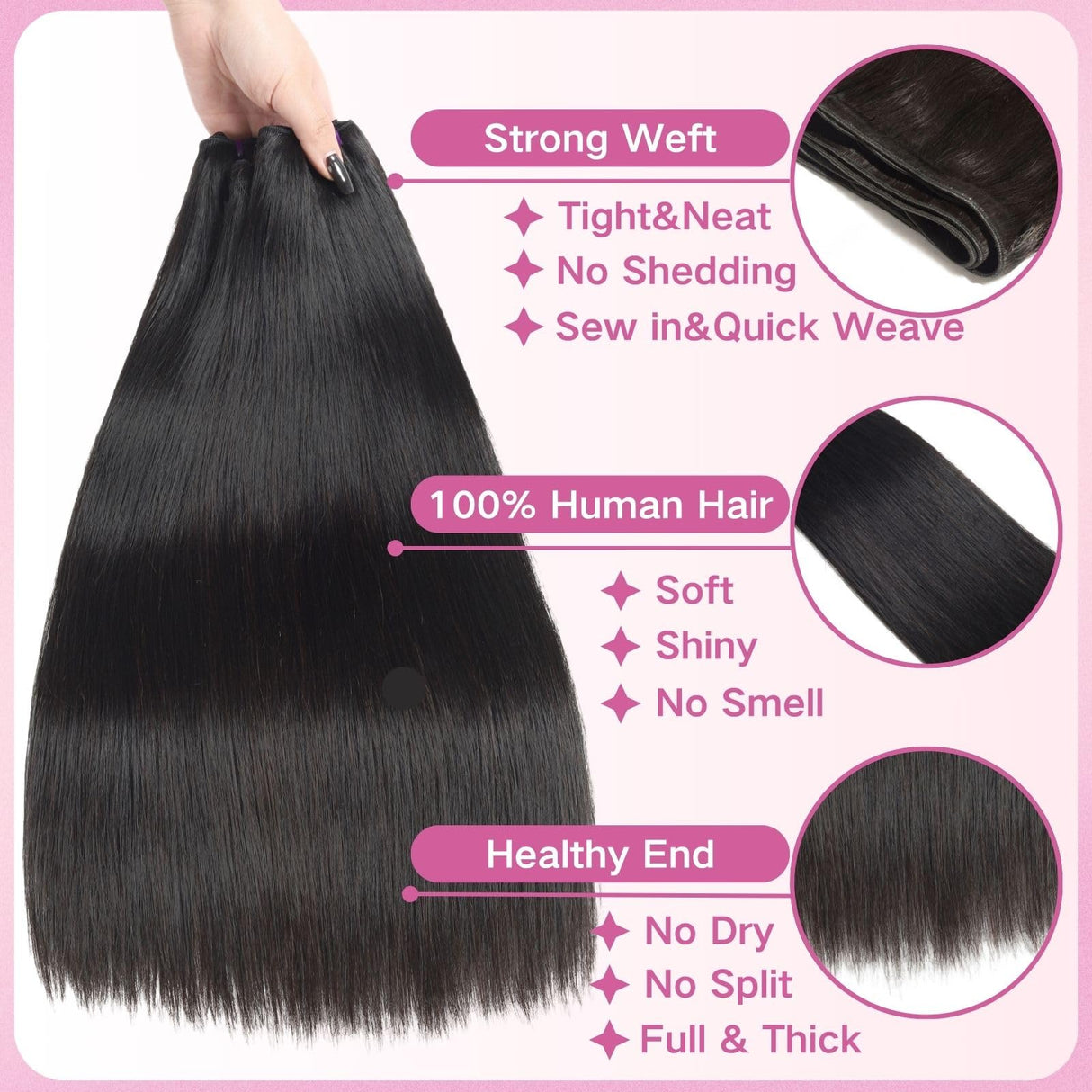 Beauty Queen 16A Brazilian Straight Bundles Human Hair (20 22 24 Inch) 100% Unprocessed Straight Human Hair Quick Weave Hair 3 Bundles Thick Remy Virgin Hair Extensions Natural Color