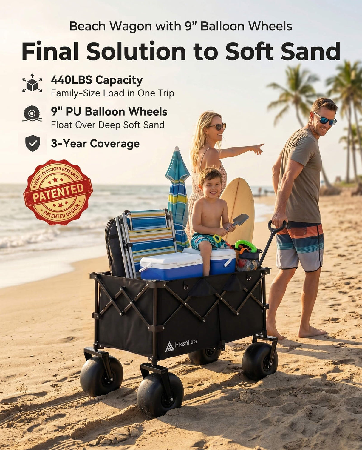 Hikenture Beach Wagon with Balloon Wheels, 9" PU Tires Collapsible Wagon