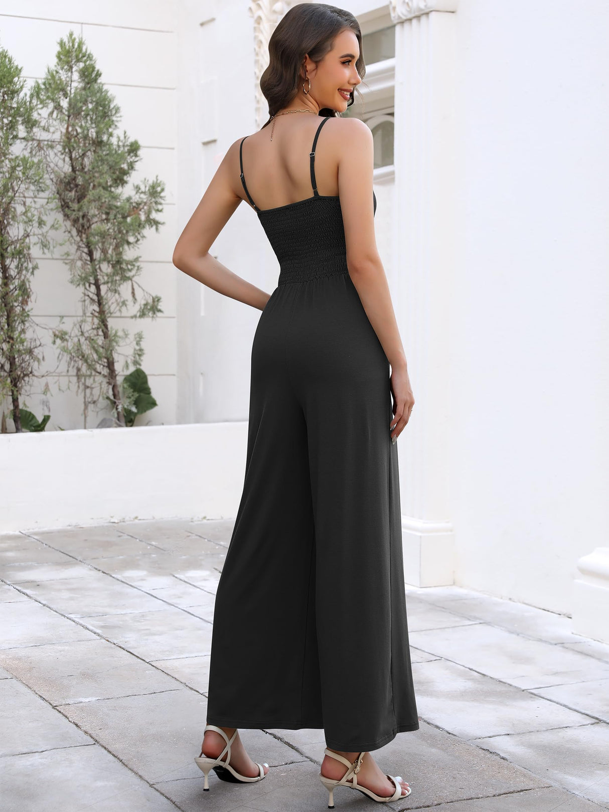 ANRABESS Women V Neck Spaghetti Strap Wide Leg Dressy Jumpsuits 2025 Summer Casual One Piece Jumper Romper Outfits & Pockets Black Medium