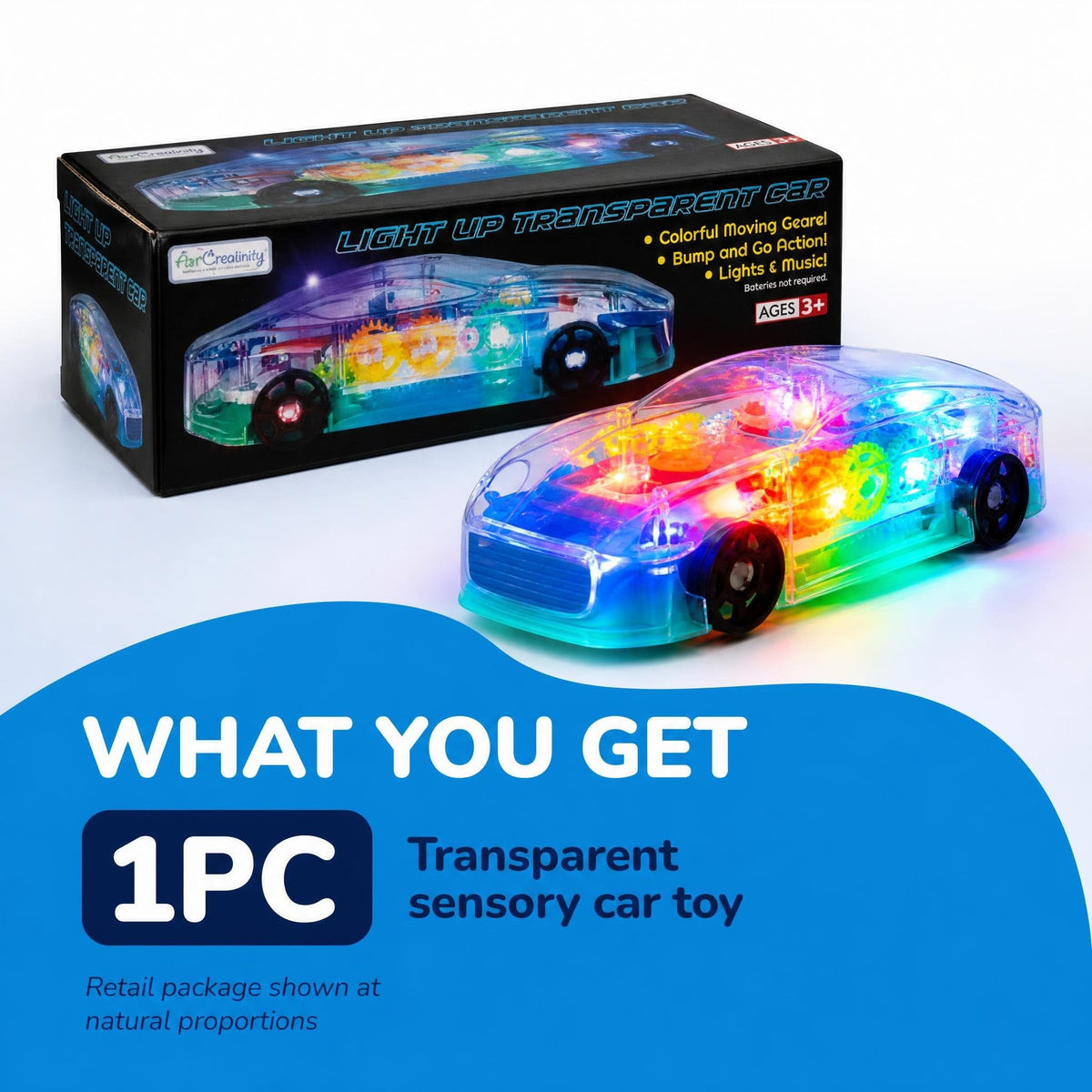 ArtCreativity Light-Up Transparent Sensory Car Toy, Bump-and-Go, Ages 3+