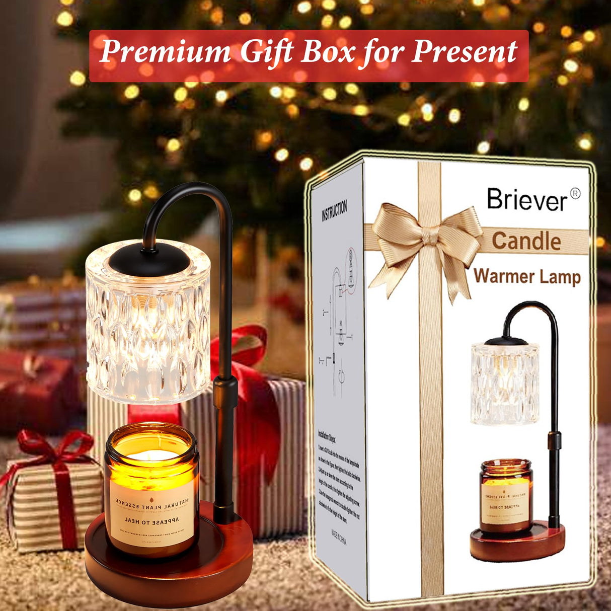 Briever Dimmable Candle Warmer Lamp with Timer, Height Adjustable Electric Candle Wax Warmer, Christmas Birthday Gifts for Women Mom, House Warming Gifts New Home Room Decor, Walnut Solid Wood Base