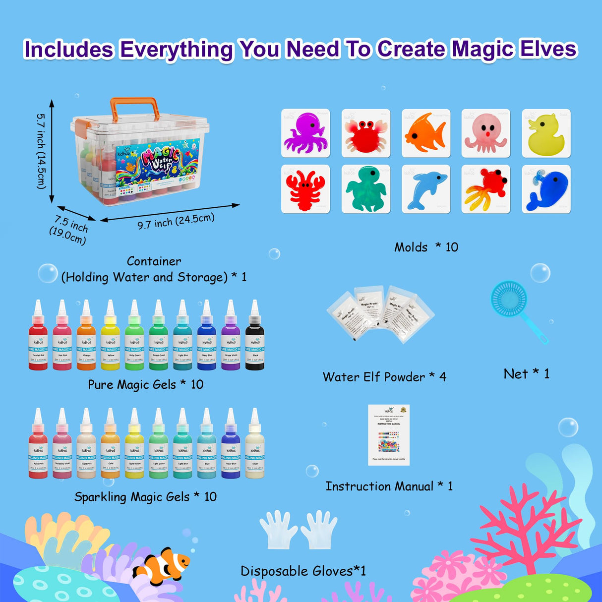 Kiditos Magic Water Elf Toy Kit–Squishies for Kids, 20 Gels & 10 Molds, Magic Gel Water Pets Sensory Toy, Fun DIY Craft Kit,Party Favors, Birthday & Christmas Gifts for Kids Ages 3+
