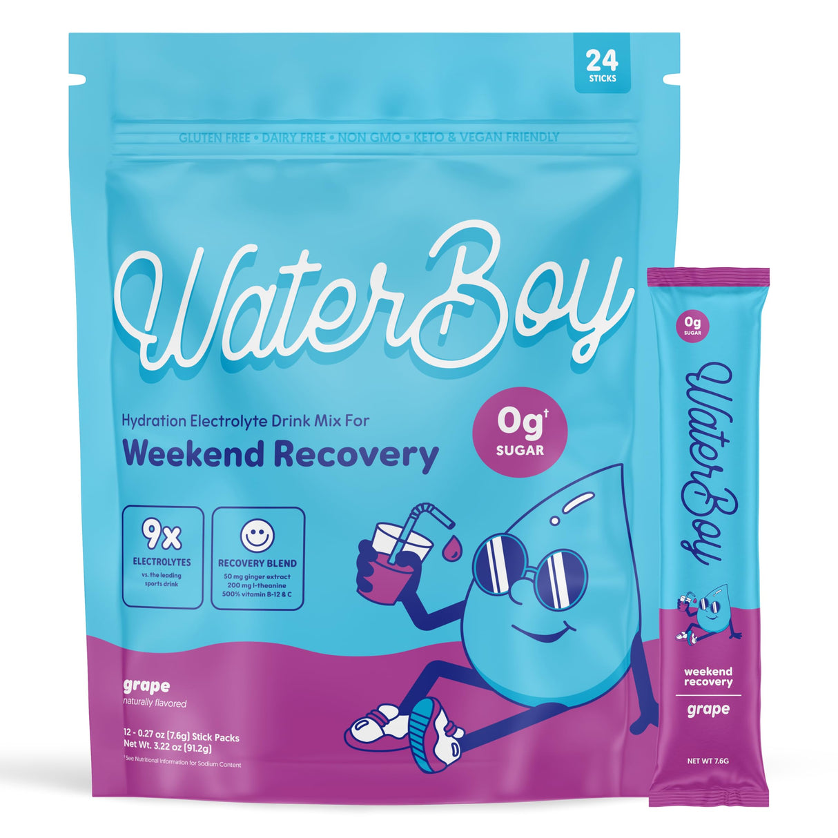 Waterboy Weekend Recovery | 3,187mg Electrolyte Powder Packets | Ginger + L-Theanine + Vitamins | No Sugar, All Natural, Gluten Free | 24 Drink Stick Mixes (Grape)