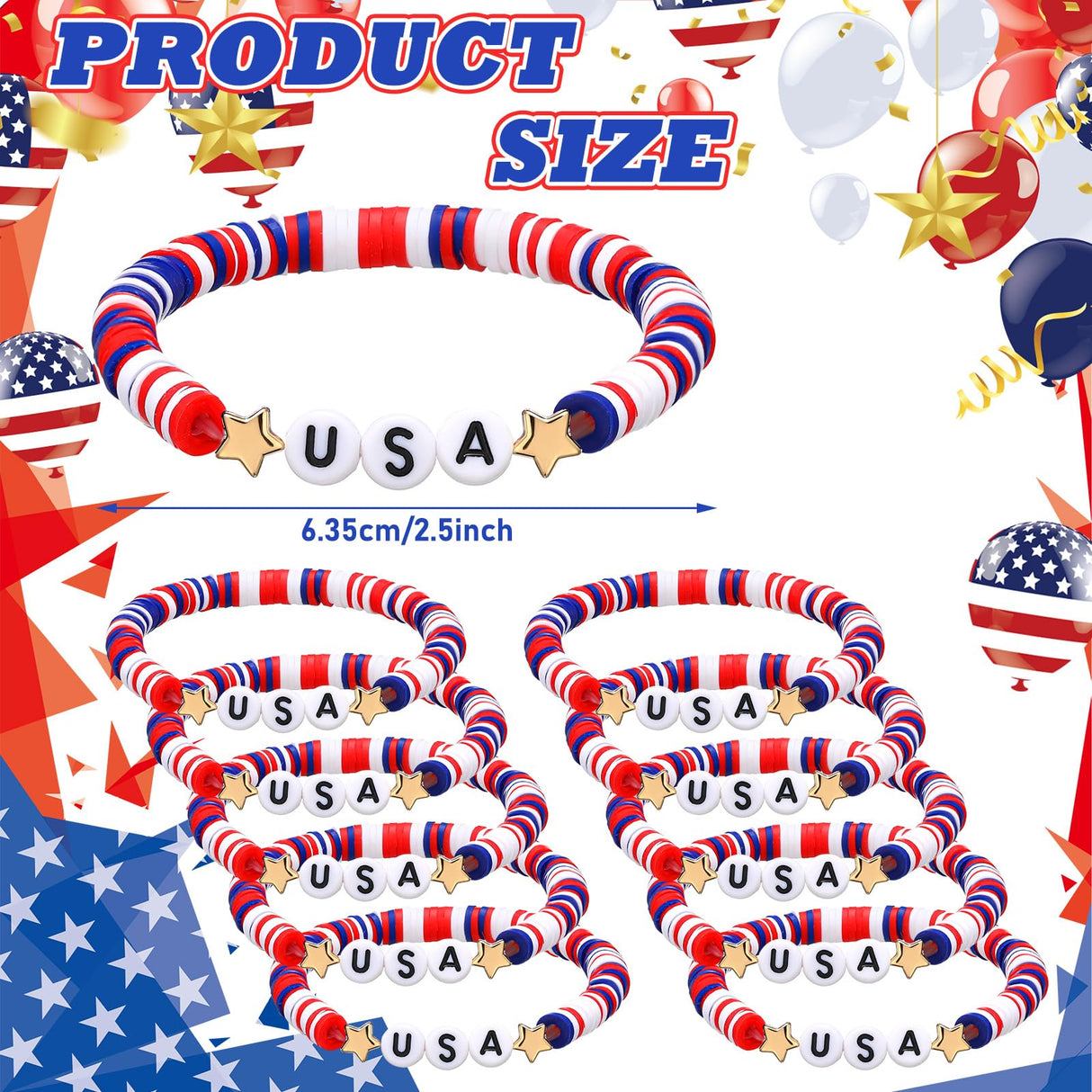Huquary 24 Pcs USA Bracelets Bulk Red White Blue Polymer Clay Beaded,Usa