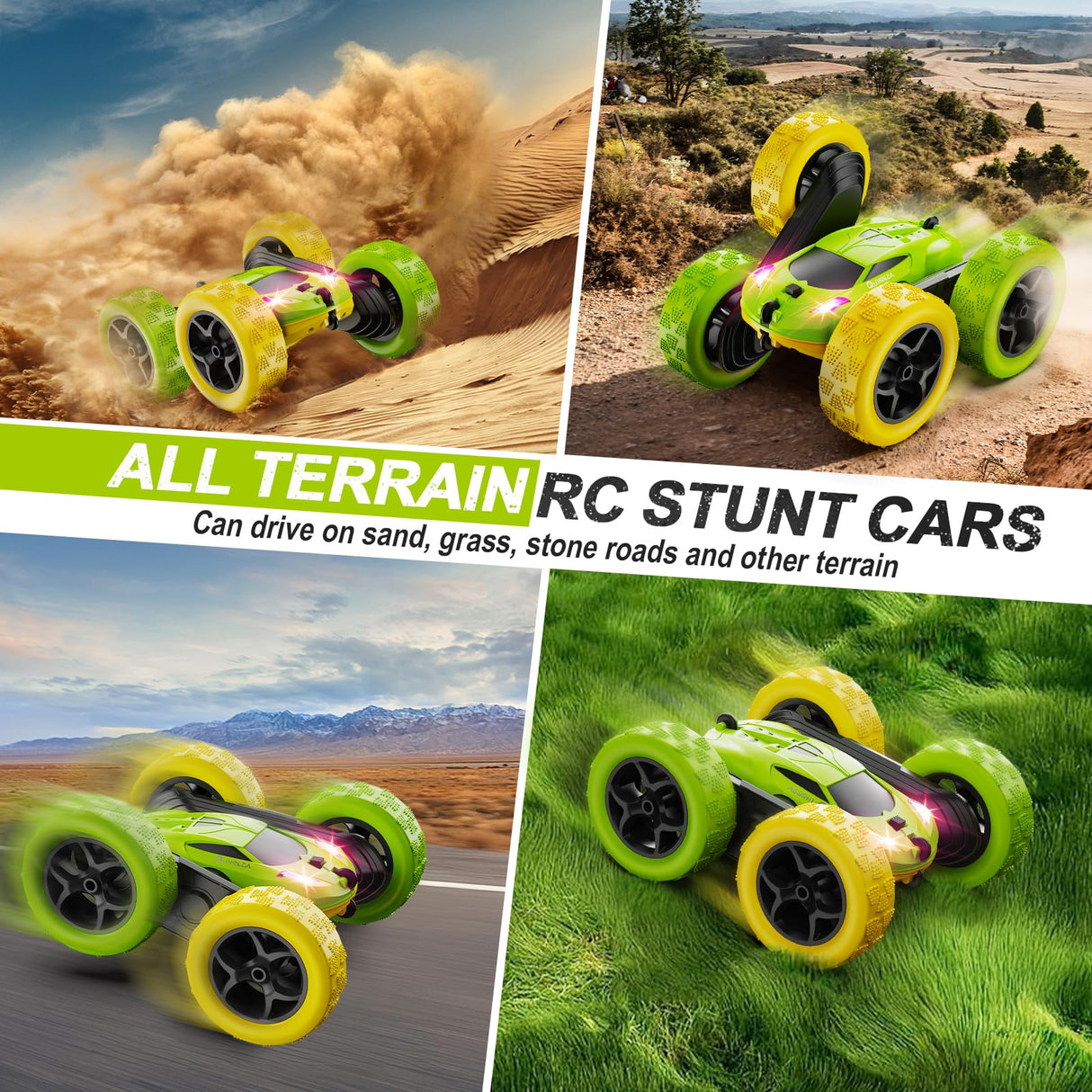 QUNREDA Remote Control Car, RC Car Toys for 6-12 Year Old Boys, Off Road RC Stunt Car 4WD 360° Rotating Remote Control Car for Kids, Boys Girls Gifts for Birthday, Christmas Yellow&Green