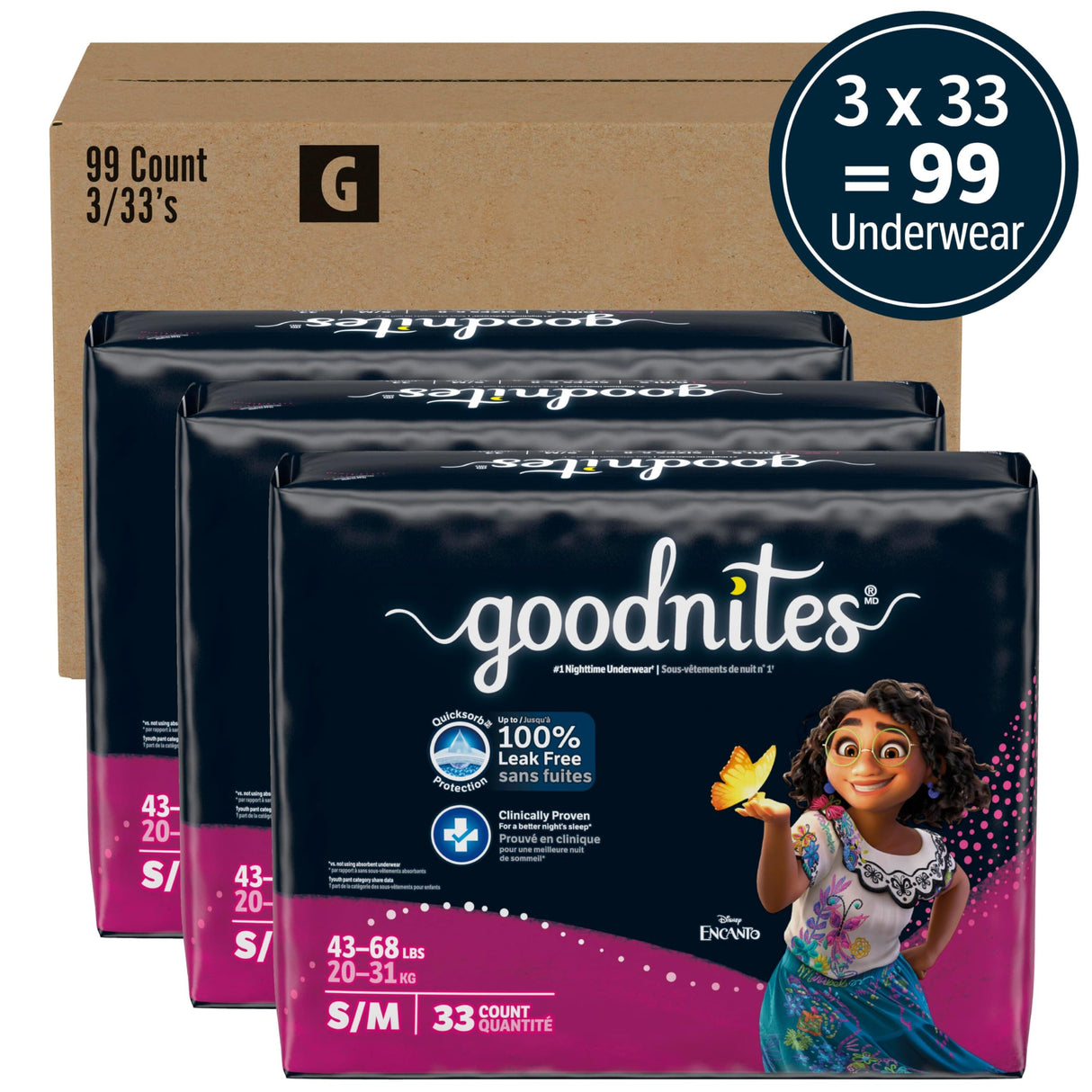 Goodnites Girls' Bedwetting Underwear, Size S/M (43-68 lbs), 99 Ct (3 Packs of 33), Packaging May Vary