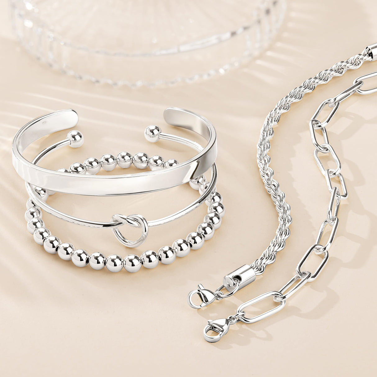 Gokeey Silver Cuff Bracelets for Women,Dainty Silver Bangles Bracelets Set for Women, Paperclip Link Chain Rope Beaded Tie Knot Bracelets Stack Chunky Jewelry