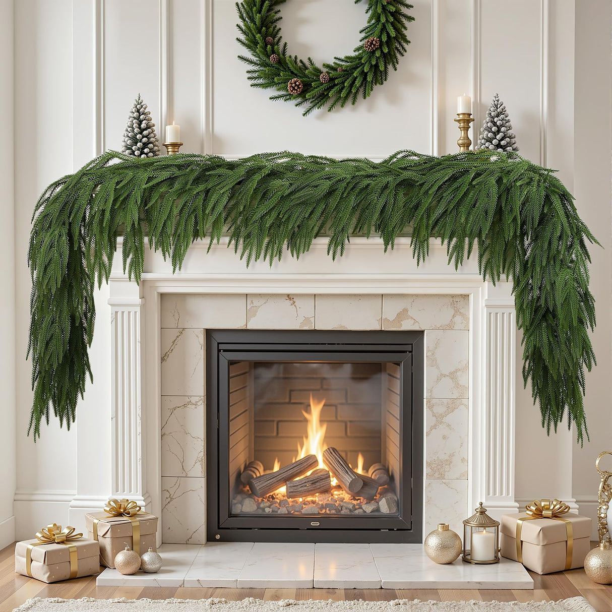 Alupssuc 9ft Christmas Garland, Real Touch Norfolk Pine Garland - Pine Garland, Artificial Greenery Christmas Garland for Mantle, Table, Fireplace, Indoor, Outdoor Christmas Decorations