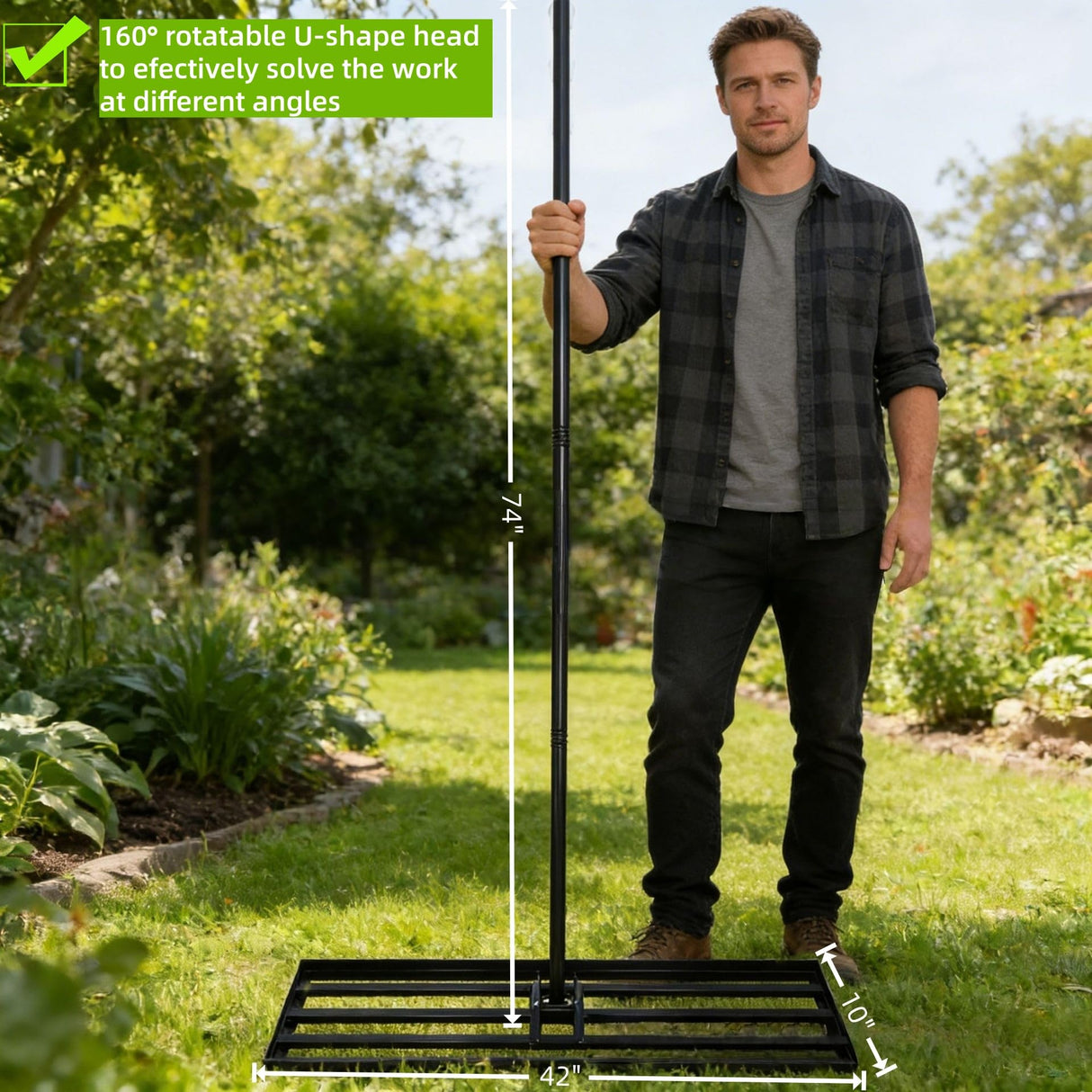 Lawn Leveling Rake, 42” x 10” Leveling Rake,Lawn Leveler w/ 72” Long Non-Slip Handle, Level Lawn Tool for Grass, Golf Field, Level Soil or Dirt Ground