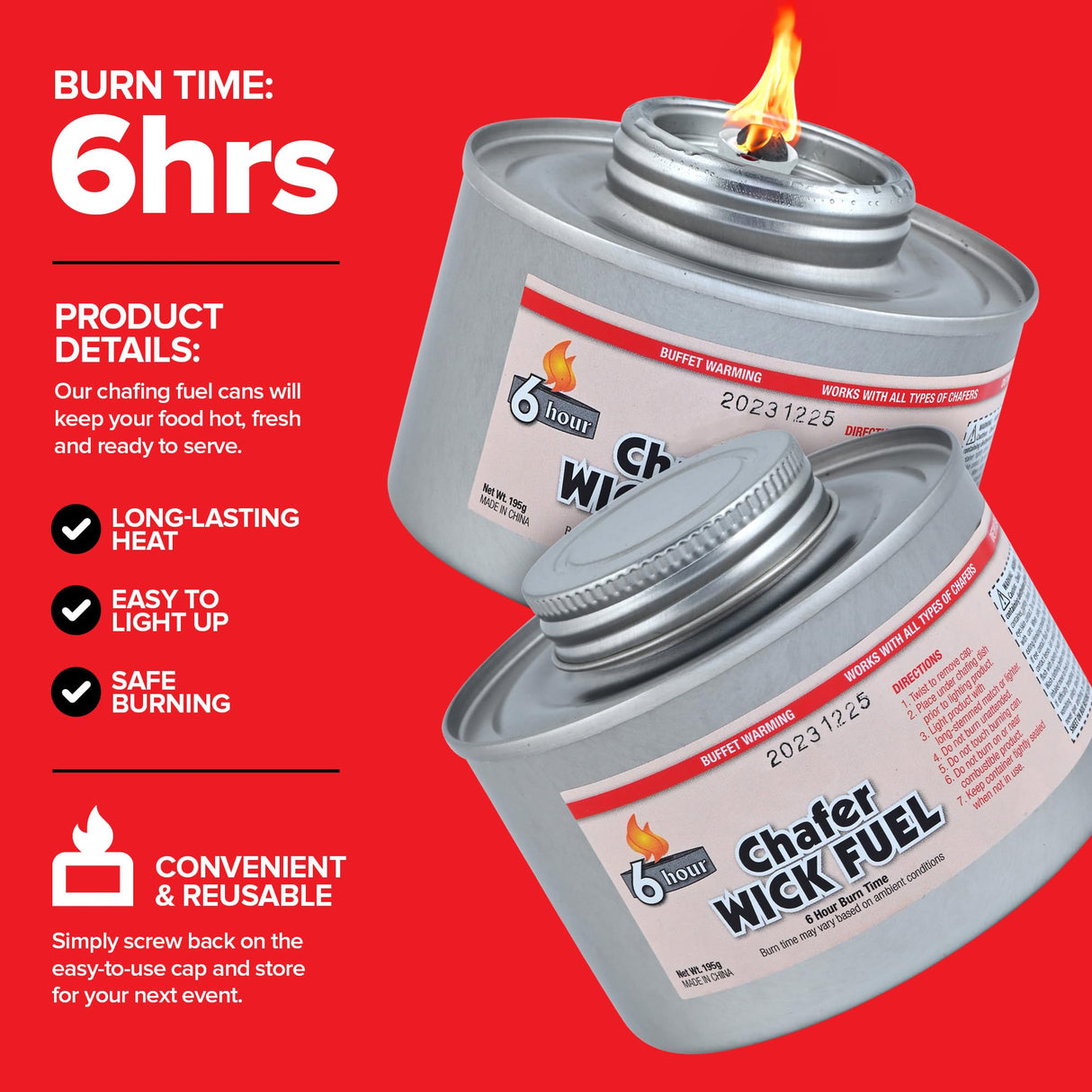 6-Hour Food Warmers for Parties (6 Pack), Chafing Fuel Cans with Wick and Safety Twist Cap, Catering Food Warmers for Buffets, Parties, Weddings, Long Lasting Burners for Food Warmer, Food Heater