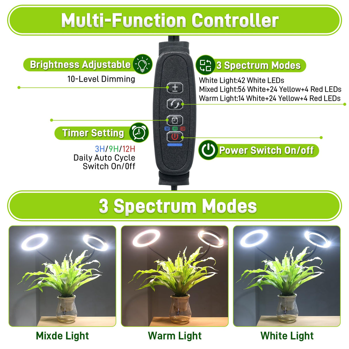 LETKEYS Grow Lights for Indoor Plants,Double Head Full Spectrum LED Plant Light with Stand,6 Dimmable Levels & 3 Lighting Modes, Auto On Off Timer 3/9/12H, 38-67 inches Adjustable Height, Black