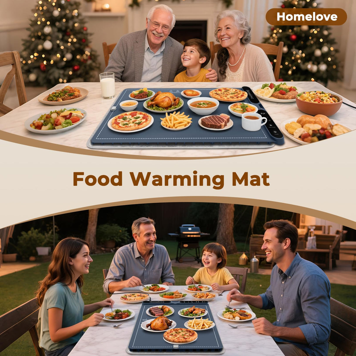 Homelove Warming Mat for Food - Fast Full Surface Electric Warming Tray with 7 Temp-Settings & 8H Timer, Portable Roll Up Food Warmer with Heat Insulation Pad for Gatherings Parties Buffet XL-Navy