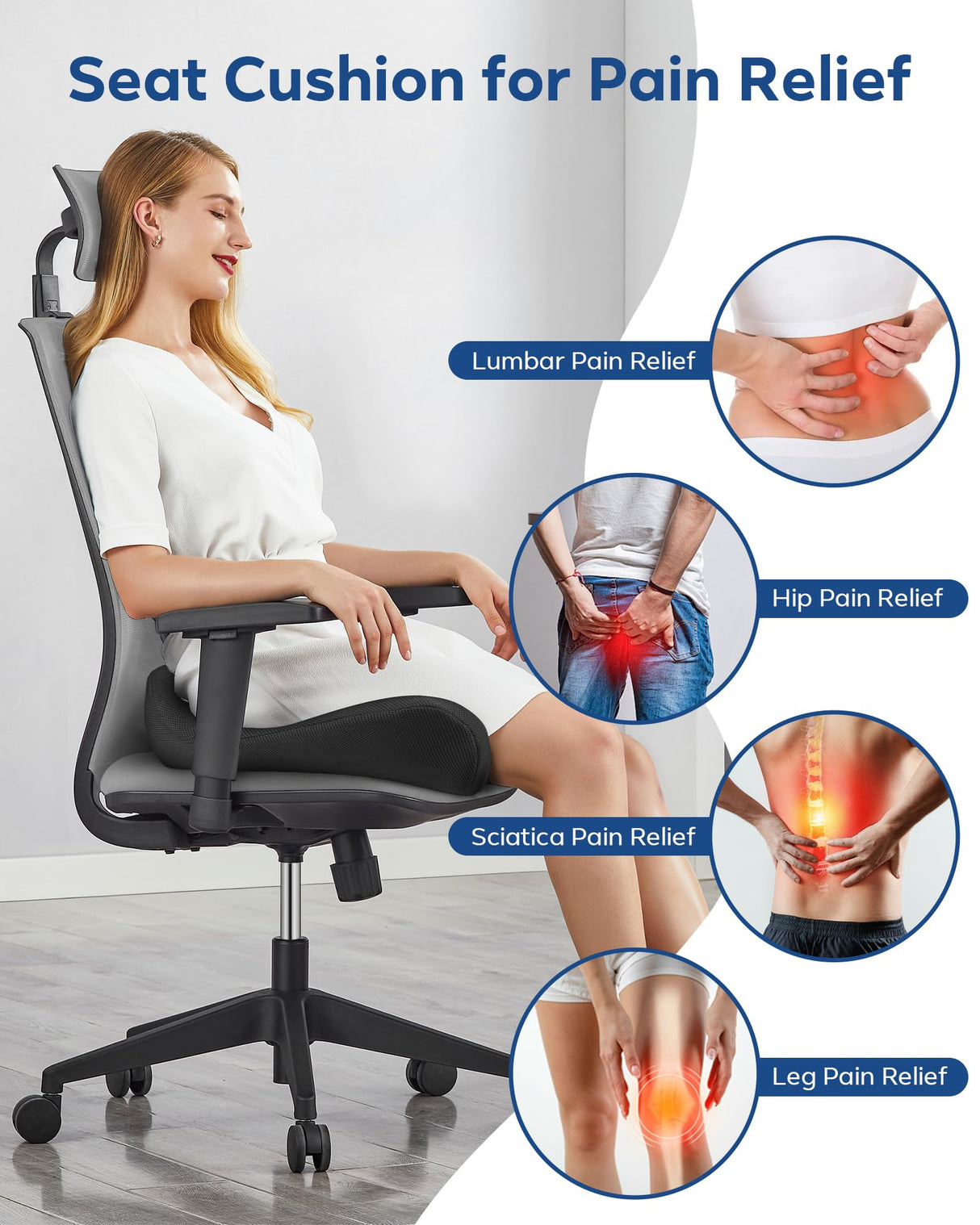 Feagar Large Ergonomic Seat Cushion - Thick Full Wrap Memory Foam Office Chair Cushion for Tailbone Pain Relief, Coccyx Cushion with Non-Slip Pad for Desk Chair, Wheelchair, Car Seat Long Sitting