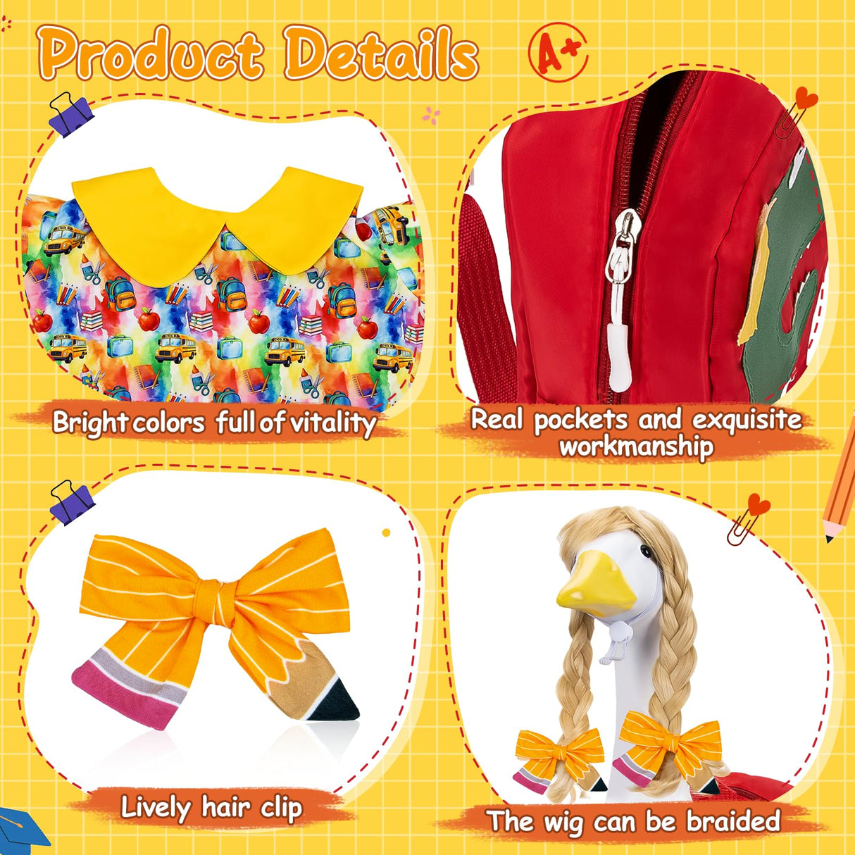 23" Back to School Porch Goose Outfit, Curly Wig (Statue not Included)