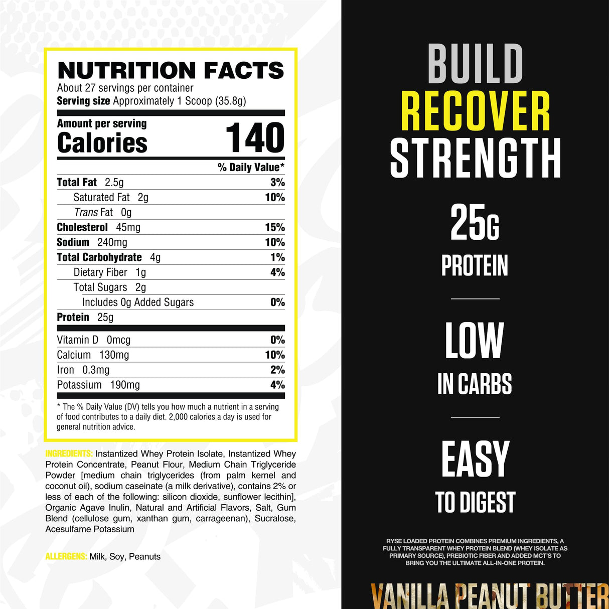 RYSE Loaded Protein Powder - Vanilla Peanut Butter - 25g Whey Protein Isolate & Concentrate with Prebiotic Fiber & MCTs - Low Carb, Low Sugar, Digestive-Friendly - 27 Servings / 2 lb Tub