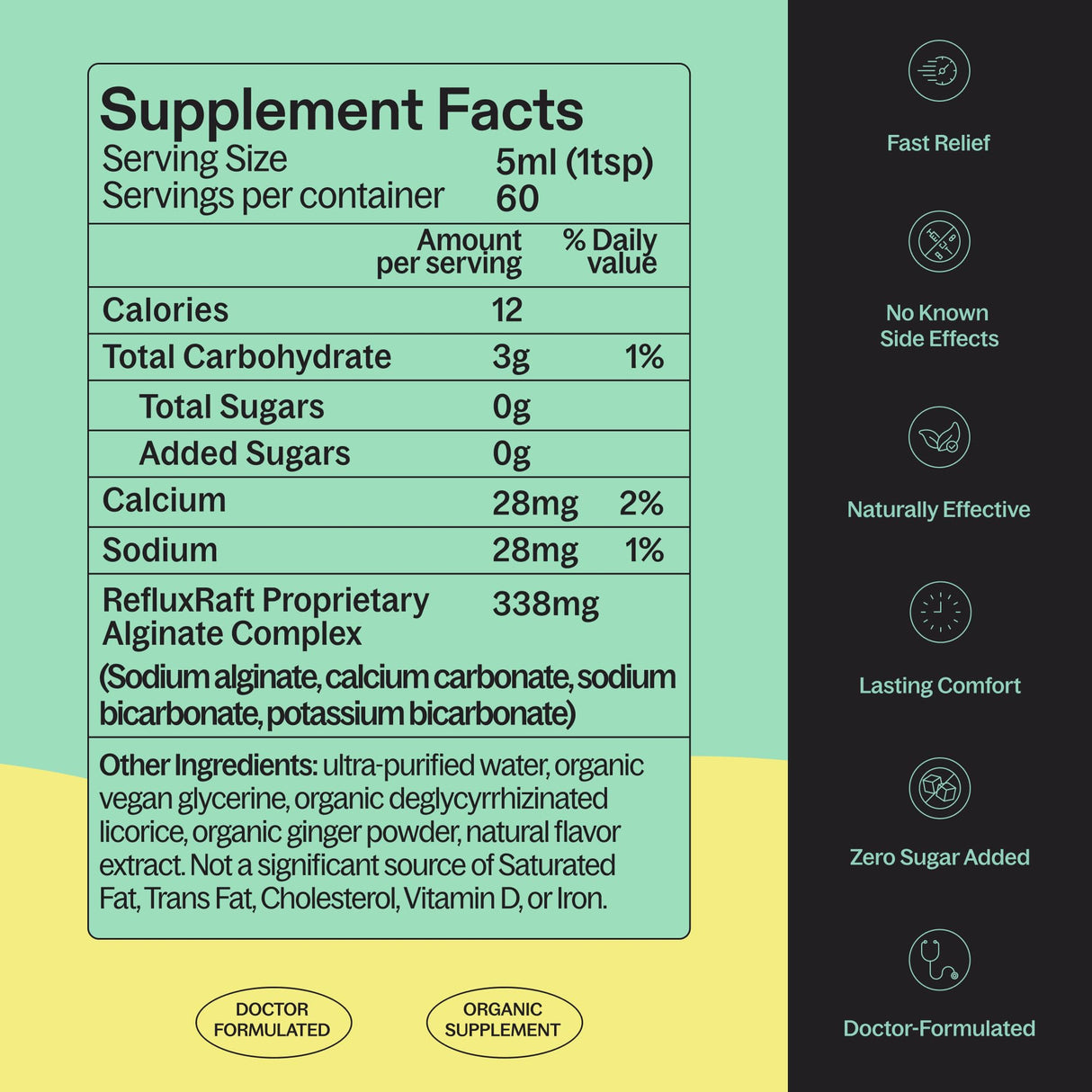 RefluxRaft Acid Reflux Therapy with Organic Alginate, Rapid & Long Lasting Gerd, LPR & Digestion Symptom Support, Zero Sugar, Gluten Free, Low Sodium, Lemon Ginger, 60 Gel Servings, 10 OZ Bottle