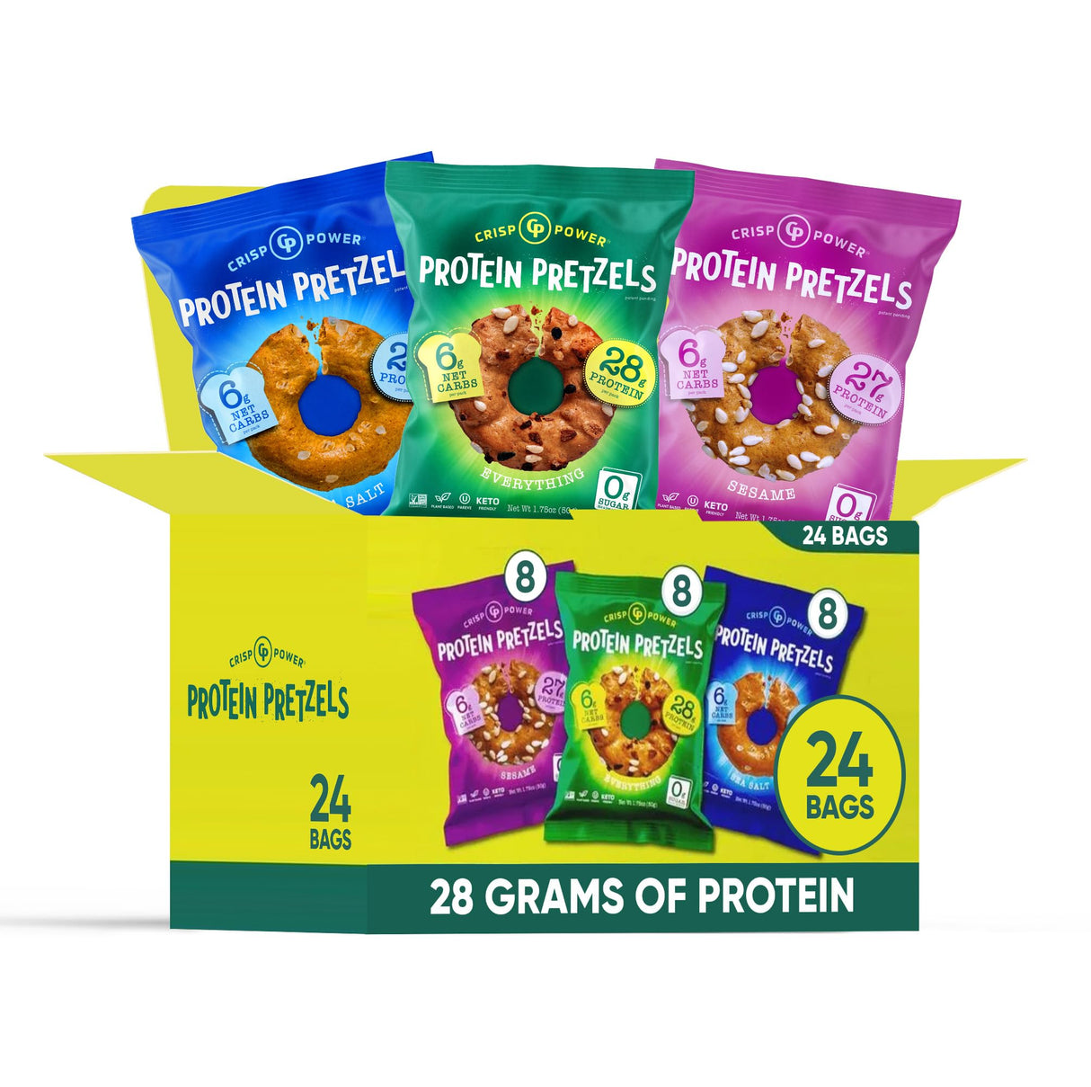 Crisp Power Protein Pretzels, Variety Pack With Sea Salt, Sesame, & Everything, Vegan Keto Snack, Plant Based Protein, Low Carb Crunchy Pretzel Snacks, Sugar Free, No Seed Oils, 1.75 Oz Bags, 24 Pack