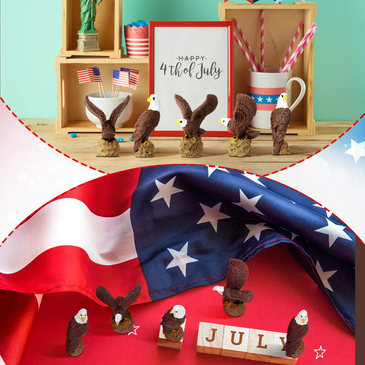 Soulchen 50 Pcs Patriotic Mini Resin Bald Eagle 250th Anniversary Figurines Tiny Resin Animals Eagle Statue for Veterans Day Miniature Garden Office Home Cake Topper Decor Gift (Mixed Style)