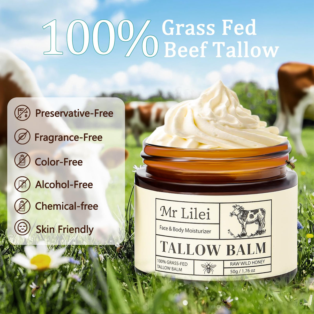 Grass-Fed Beef Tallow Balm for Skin with Raw Honey - Face & Body Moisturizer - Natural Whipped Skin Care Cream for Dry Skin- Hydrating Body Lotion for Nourishment (50g/1.76oz)