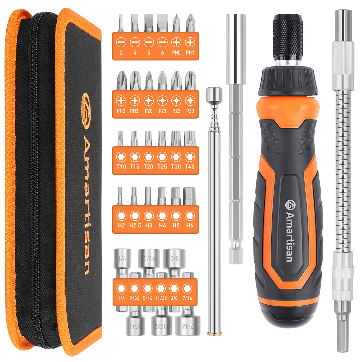Amartisan 34-Piece Multi-bit Screwdriver Set Tool All in One, Portable Multi-Purpose Screwdriver