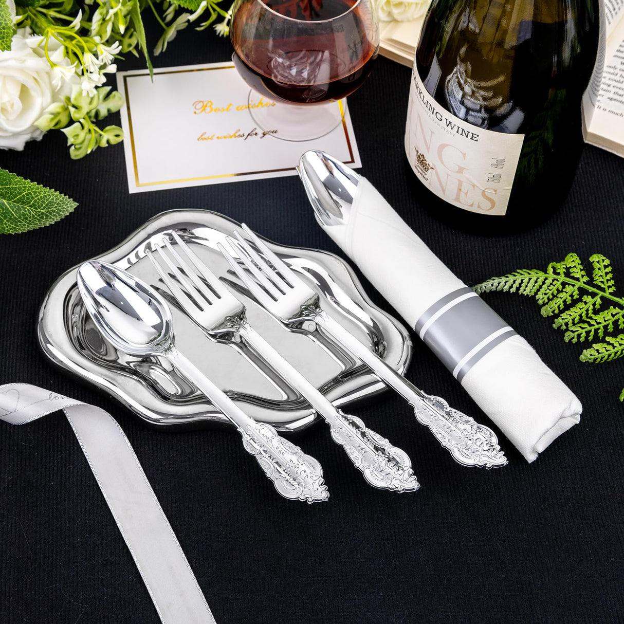 Liacere 400PCS Silver Plastic Silverware - Pre Rolled Napkins Disposable Silver Cutlery-Premium Quality Gold Plastic Utensils - Includes 100Forks,100Knives,100Spoons,100Napkins&Christmas