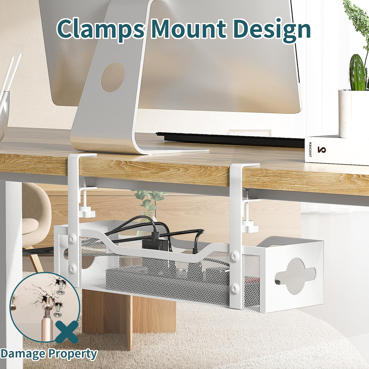 Under Desk Cable Management Tray, Litwaro No Drill, Metal Tray with Clamp for Wire Management, Cord Organizer Home Office Damage to Standing Desk, White, 13.38''