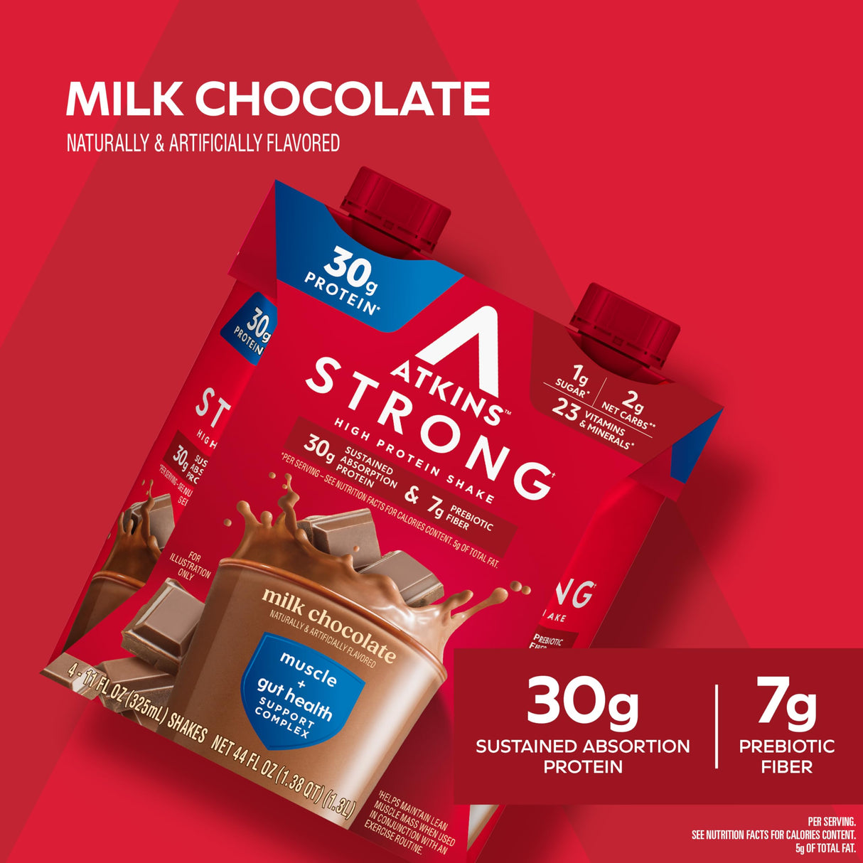 Atkins Strong High Protein Shake, Milk Chocolate Flavored, 30g Protein, Low Carb and Low Sugar Shake, Keto Friendly, Gluten Free, Muscle and Gut Health Support Complex, 12 Count