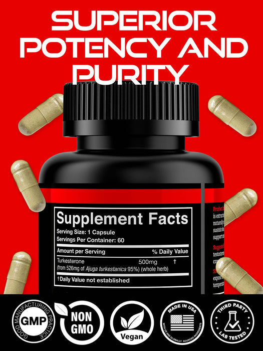 Black Forest Turkesterone Supplement 500mg Capsule (Max Purity 95% Extract) 2 Months Supply (500mg Turkesterone from 526mg of Ajuga Turkestanica) Similar to Ecdysterone for Strength & Muscle Growth