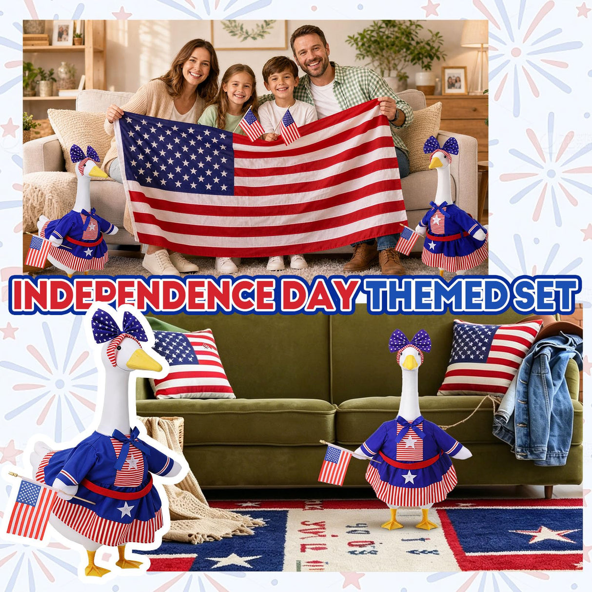 Patriotic 4th of July Porch Goose Outfit for 23 Inch Lawn Statue, 250th Anniversary Independence Day American Lawn Goose Clothes Costume, Red White Blue Patriotic Decorations for Garden Outdoor