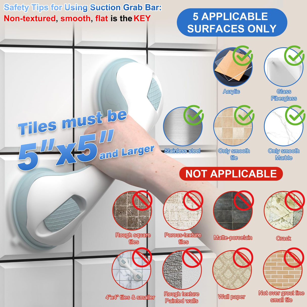 AirTightยฎ Grab Bars for Shower Heavy-Duty (2Pack) 12.3-Inch ADA Compliant Grab Bar for Seniors Shower Handles for Elderly Suction Handicap Safety Handrail for Bathroom Bathtubs Toilet Tiles Glass