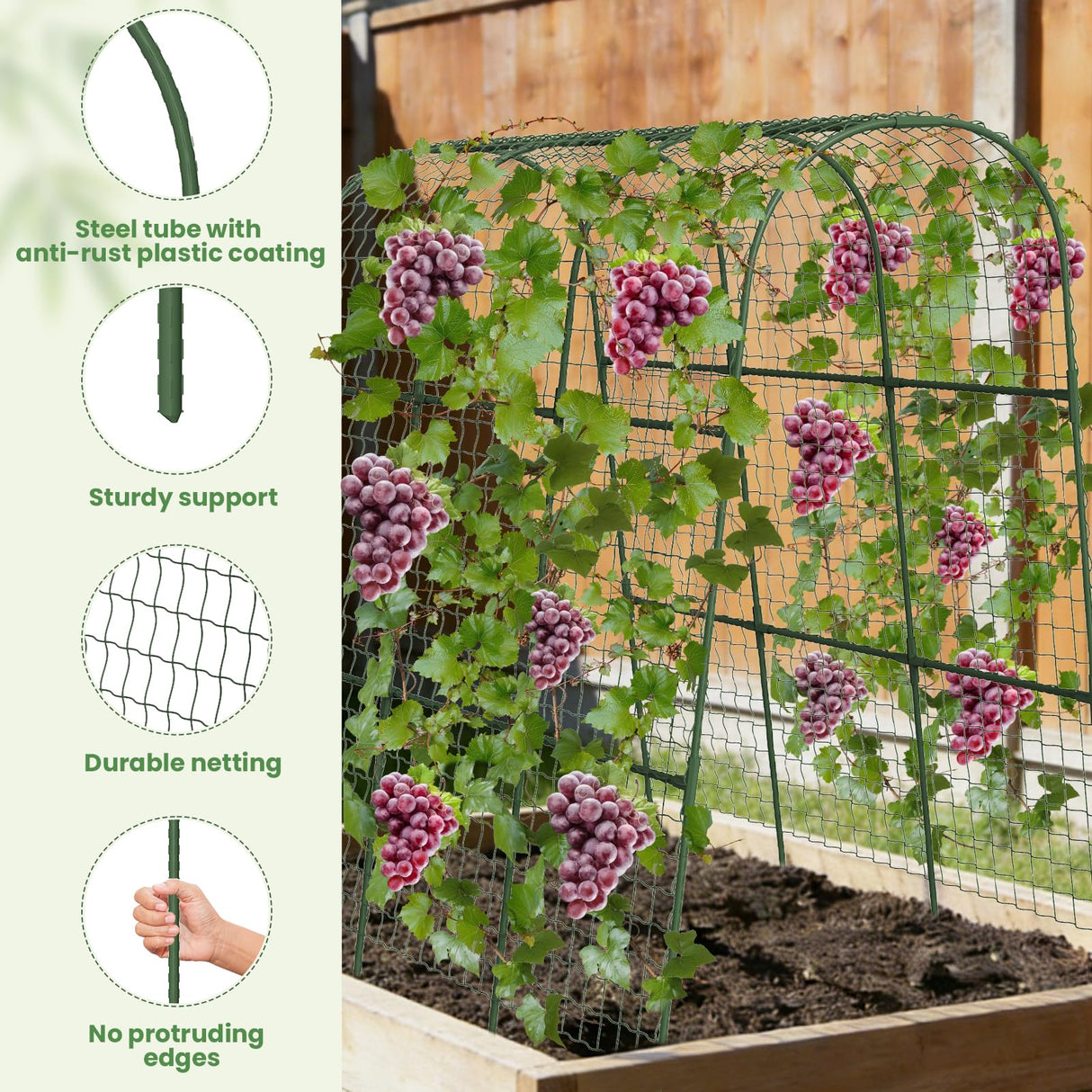 Cucumber Trellis, Metal Garden Arch Trellis for Raised Bed, 48 x 48inch U-Shape Garden Trellis for Climbing Plants Outdoor, Vegetables Fruit Plant Support with Netting, Gardening Supplies (Green)