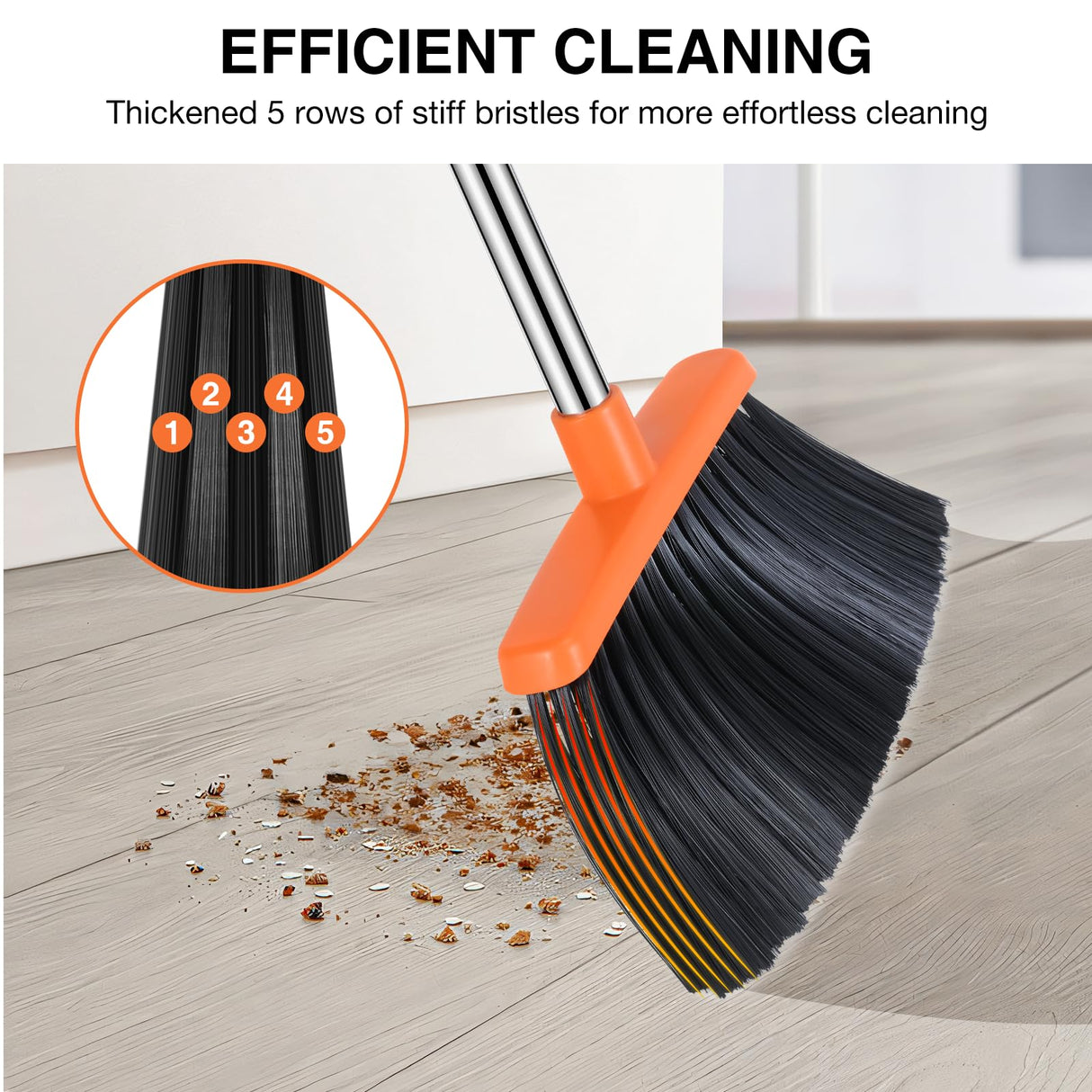 NACENA Broom and Dustpan Set, 52-in Long Adjustable Handle Broom Dustpan Combo with Dustpan Teeth to Automatically Clean Hair Suitable for Home Kitchen Office Hall Floor (Grey&Orange), 2 Pack