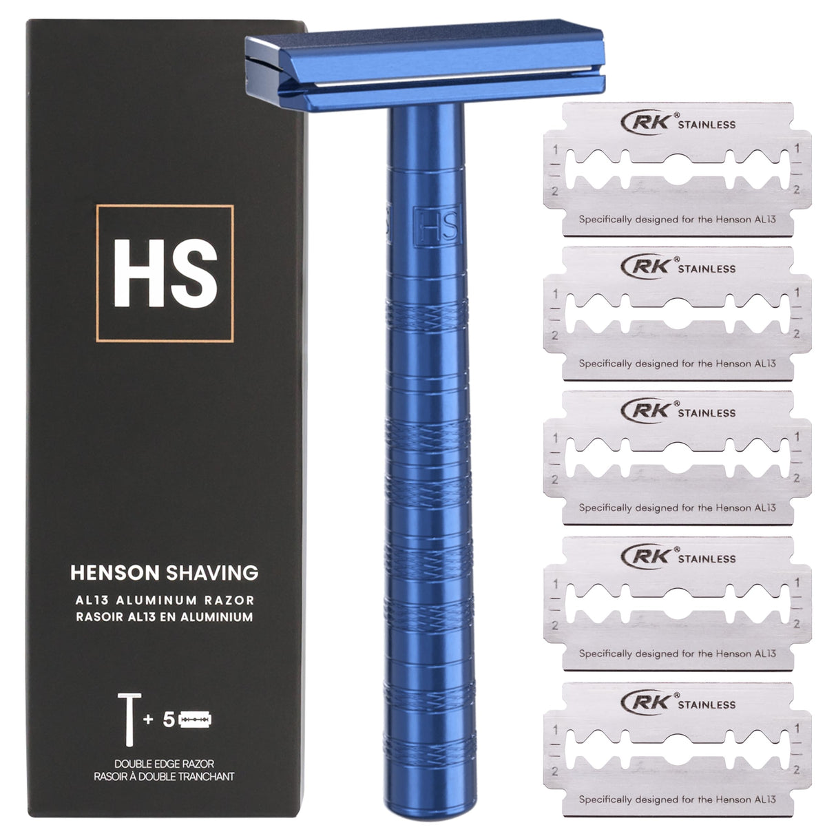 Henson Shaving Razor - Steel Blue Double Edge Safety Razor with 5 Spare Blades - 30° Angled Precision With Superior Blade Rigidity- Reusable Single Blade Razors For Men and Women - Mild Aggression