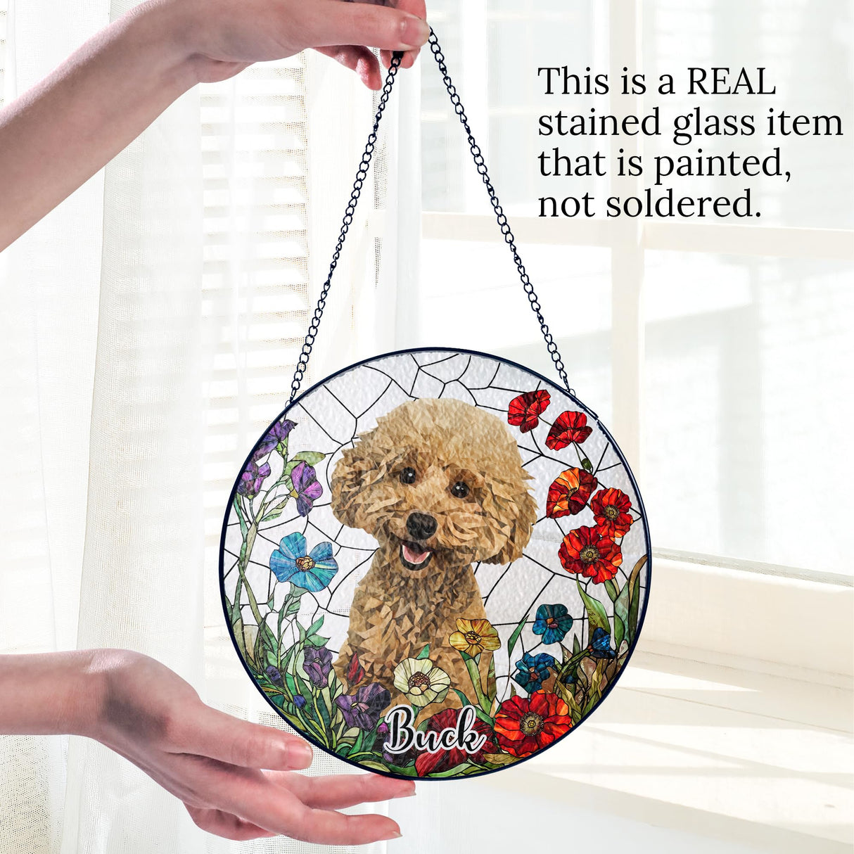 Fastpeace Personalized Stained Glass Pet Photo Suncatcher – Custom Pet Portrait Memorial Window Hanging with Flowers, Keepsake Valentines Gift for Dog Lovers, Cat Lovers, Family Home Decor