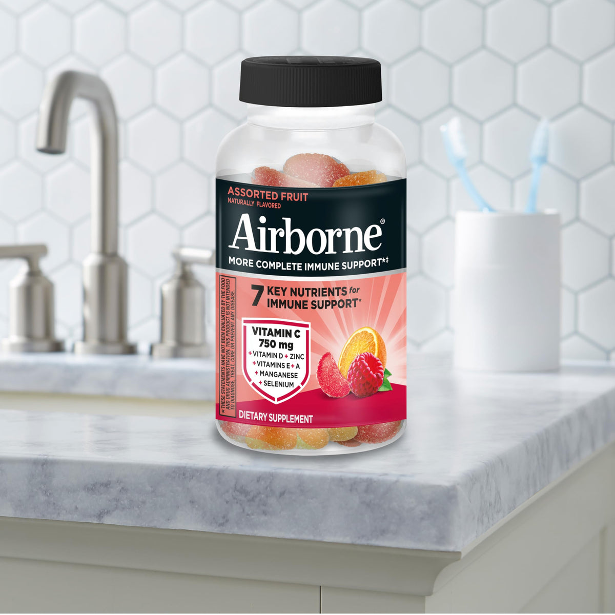 Airborne 750mg Vitamin C Gummies for Adults, Immune Support Supplement with Powerful Antioxidants Vitamins A C & E - 2x63ct Bottles (126 Gummies), Assorted Fruit Flavor
