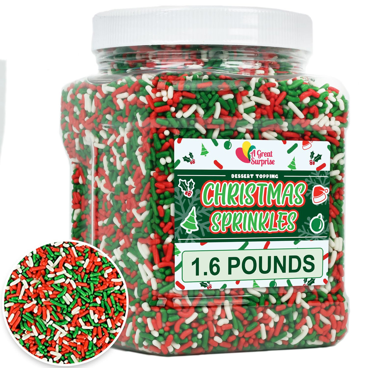 Christmas Sprinkles Bulk - 1.6 Pounds - Holiday Jimmies - Red White and Green Xmas Baking Toppings for Cookies, Cakes, Cupcakes, and More!