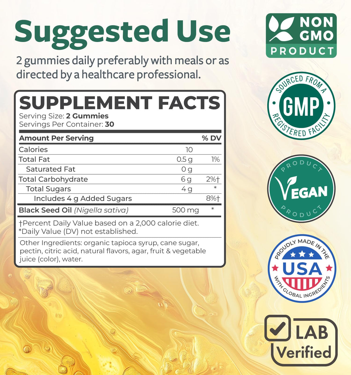 Black Seed Oil Gummies - Natural Ginger Ale Flavor (Non-GMO & Vegan) Cold-Pressed Nigella Sativa Producing Pure Black Cumin Seed Oil - 500mg Per 2 Gummy Serving