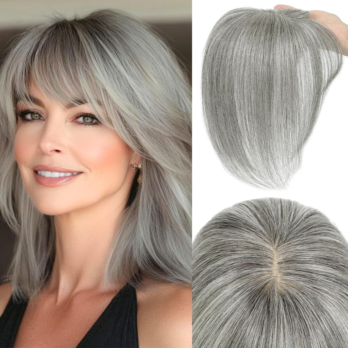 ELEVAVE Hair Toppers for Women Real Human Hair, 360° 3D Cover Wispy Bangs Hair Pieces for Women (Grey)