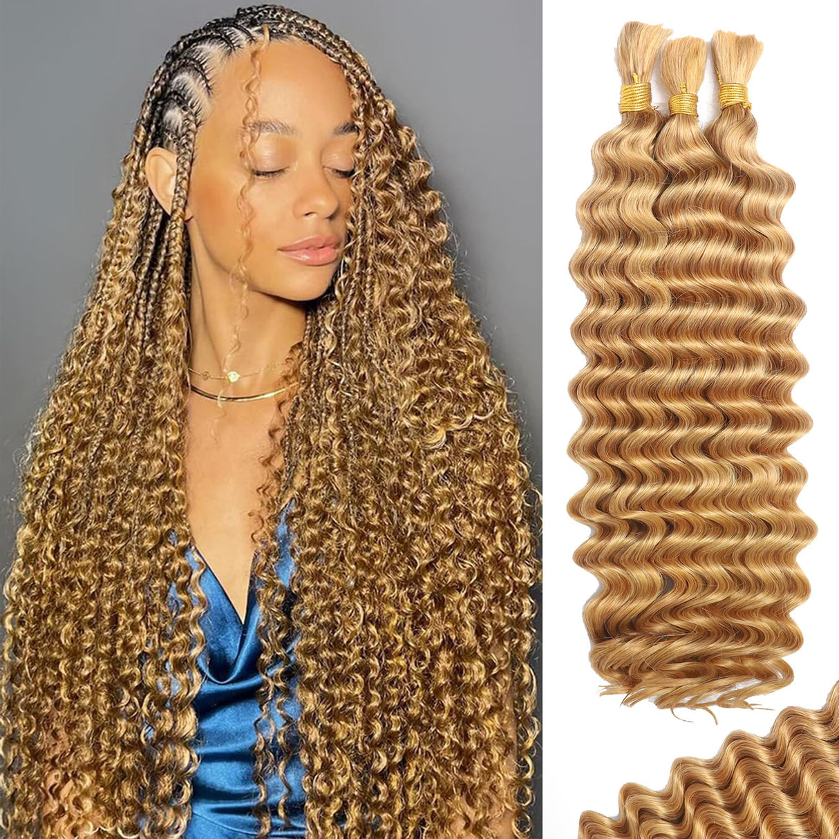 Human Braiding Hair for Boho Braids Human Hair 110g 20 Inch Curly Boho Hair for Braiding Knotless 12A Deep Wave Bohemian 3 Bundles/Pack Caramel Honey Blonde
