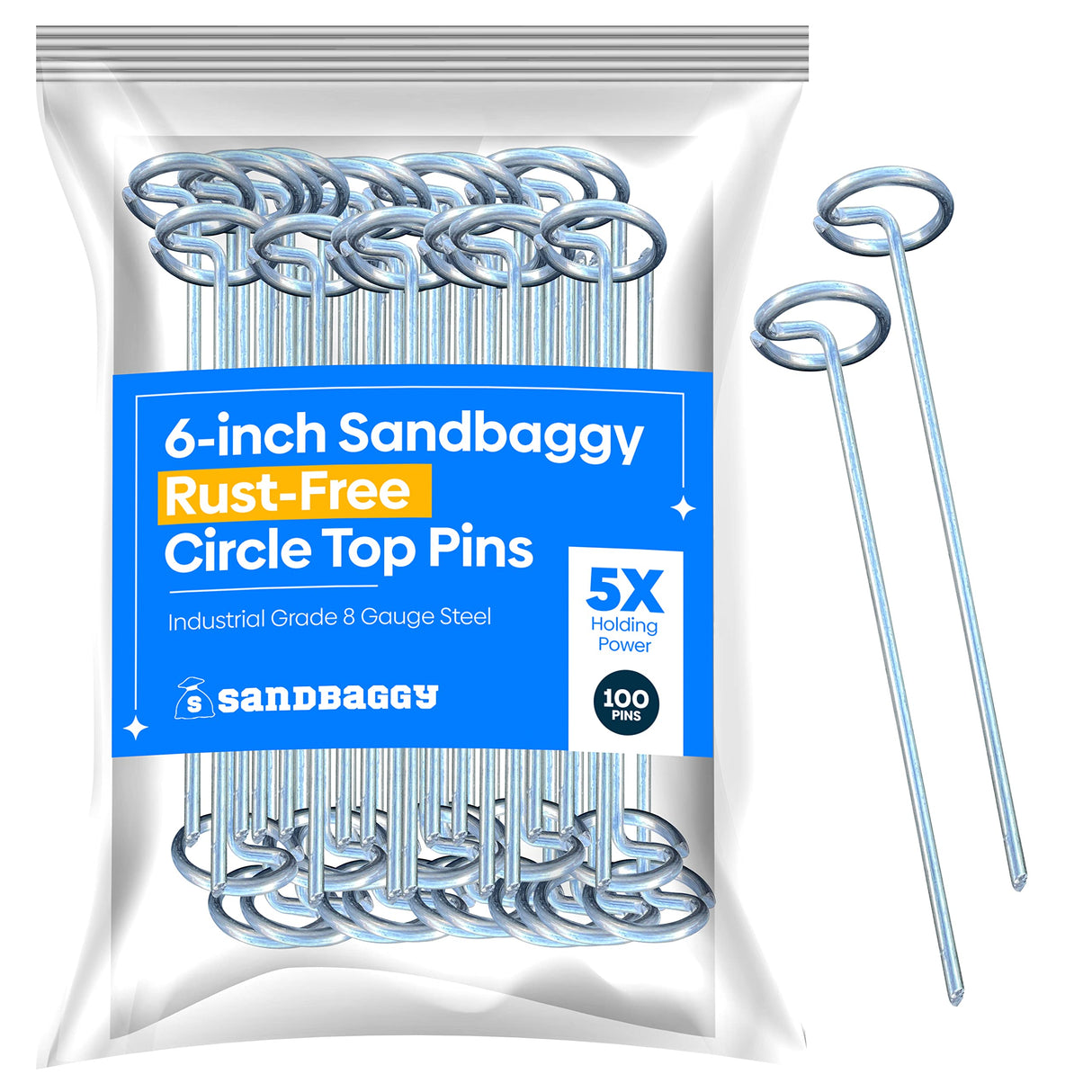 Sandbaggy 6-inch Circle Top Pins - Landscape Staples (Galvanized) - Garden Stakes for Landscaping, SOD - Heavy Duty Ground Stakes, Lawn Turf Spikes, Christmas Decorations, Weed Mats (100 Pins)